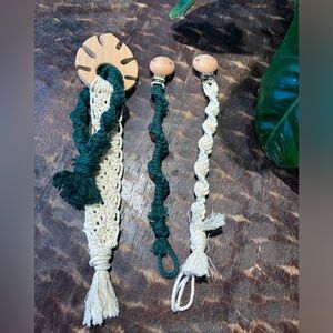 Handmade Macrame monstera leaf wood teether & macrame pacifier clips.